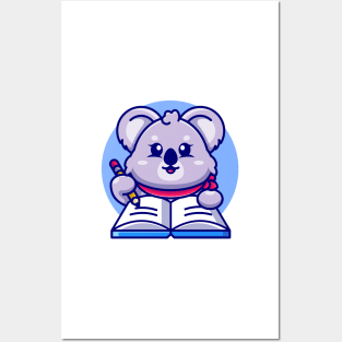 Cute koala writing on book with pencil cartoon Posters and Art